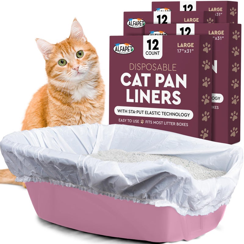 Alfapet Kitty Cat Litter box Disposable, Elastic Liners- 48-count-For Medium and Large, Size Litter Pans- With Sta-Put Technology for Firm, Easy Fit- Quick + Clever Waste Cleaners 4 pack - Image 1
